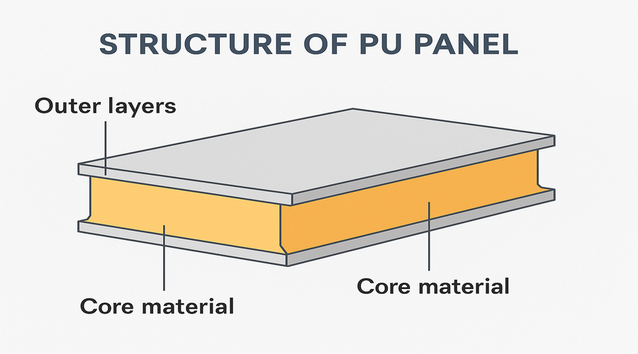 Detailed 2D illustration showing the layered structure of a polyurethane (PU) sandwich panel, highlighting the outer metal sheets and the insulating polyurethane foam core for thermal and structural performance.