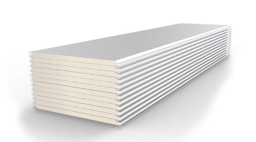 Close-up of BRDMY PU sandwich panel used for building energy-efficient cabin houses, offices, and modular cabins